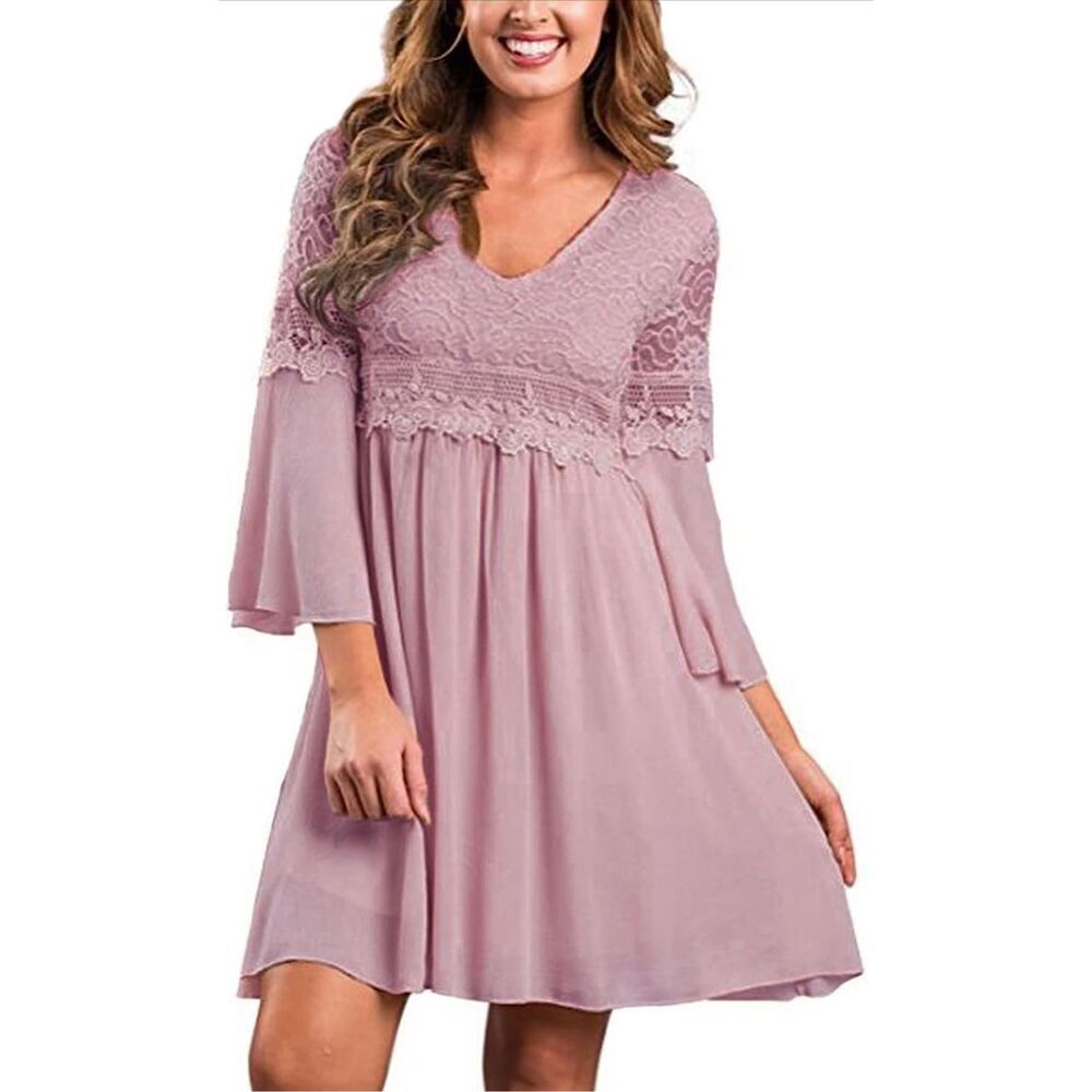 NEW Vintage Lace V Neck 3/4 Bell Sleeve A-line Swing Dress 16